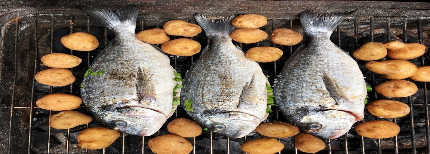 Directly above shot of fish and potatoes on a barbecue grill