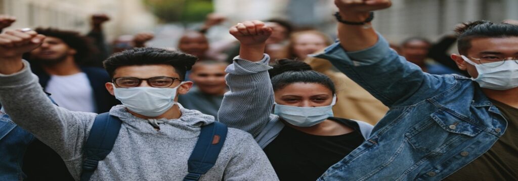 Group of protesters wearing mask
