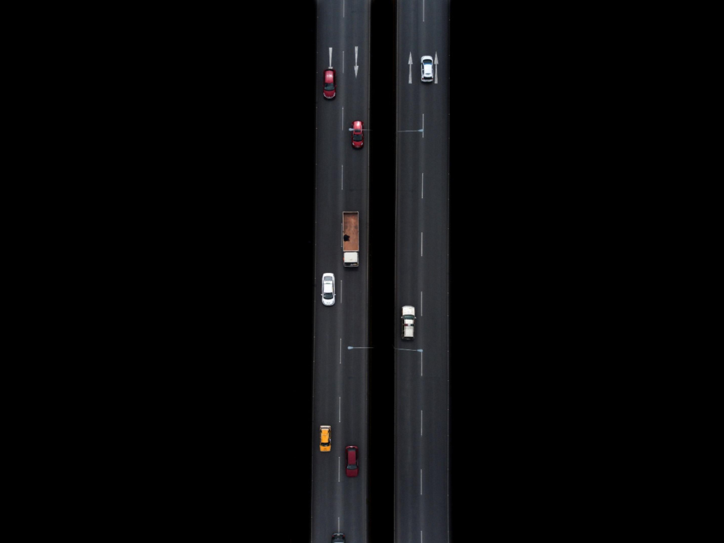 Aerial view of freeway with traffic moving both ways
