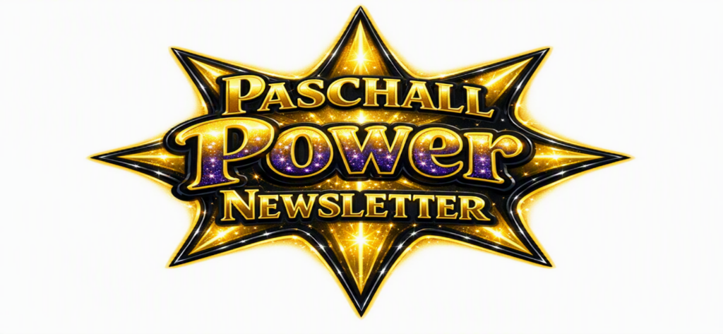 This image shows a logo designed in the shape of an eight-pointed star or starburst. The star has a metallic gold color with a shiny, reflective appearance that gives it a three-dimensional look. The points of the star radiate outward from the center, creating a dynamic, explosive effect. The text is arranged in three lines across the center of the star: • "PASCHALL" appears at the top in bold, golden letters with a stylized font • "Power" is prominently displayed in the middle in large, decorative letters with a gradient effect that includes purple and gold tones • "NEWSLETTER" is written at the bottom, also in gold lettering The entire design has a polished, professional appearance with black outlines around the star's edges and text, creating strong contrast.