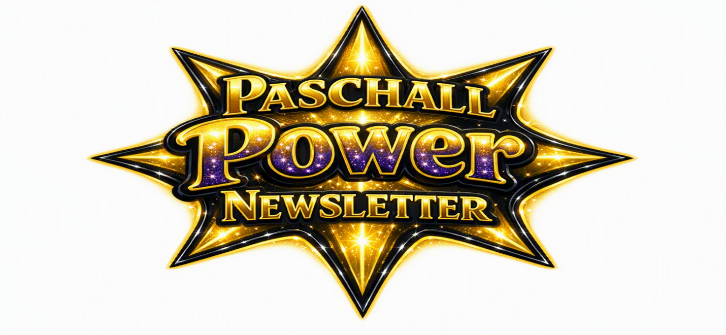 This image shows a logo designed in the shape of an eight-pointed star or starburst. The star has a metallic gold color with a shiny, reflective appearance that gives it a three-dimensional look. The points of the star radiate outward from the center, creating a dynamic, explosive effect. The text is arranged in three lines across the center of the star: &bull; "PASCHALL" appears at the top in bold, golden letters with a stylized font &bull; "Power" is prominently displayed in the middle in large, decorative letters with a gradient effect that includes purple and gold tones &bull; "NEWSLETTER" is written at the bottom, also in gold lettering The entire design has a polished, professional appearance with black outlines around the star's edges and text, creating strong contrast.