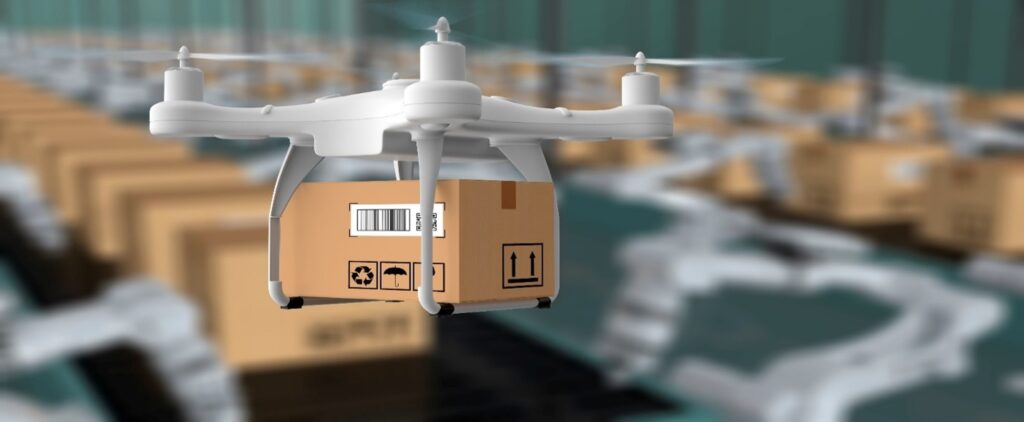 A delivery drone carrying a package inside a warehouse