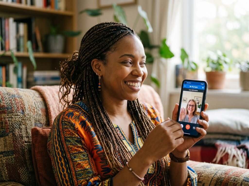 A Black woman with beautiful cultural braids, a radiant smile, and medium olive skin, holding a smartphone with the Be My Eyes app open and a live volunteer connection active on screen.