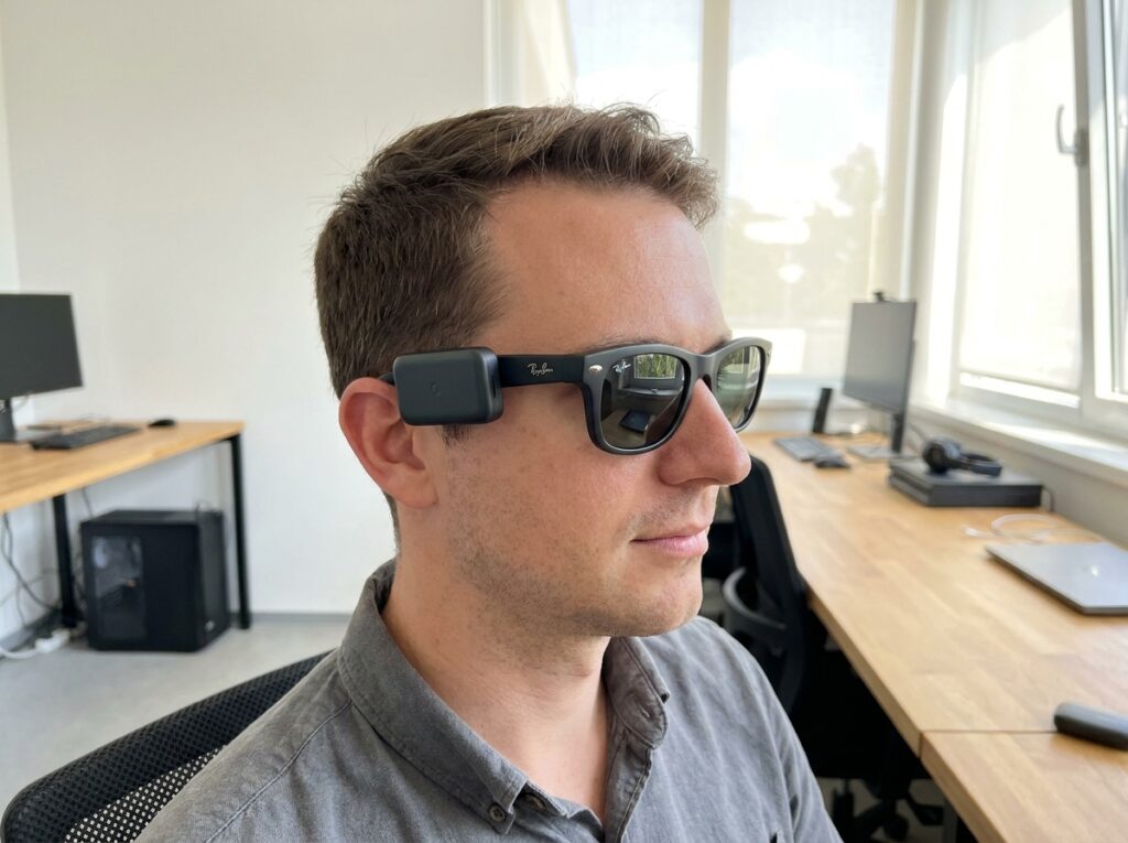 A White man wearing sleek Ray-Ban Meta smart glasses with a slim magnetic Carina C2 battery pod attached to the frame, shown in a clean, well-lit setting that highlights the low-profile wearable design.