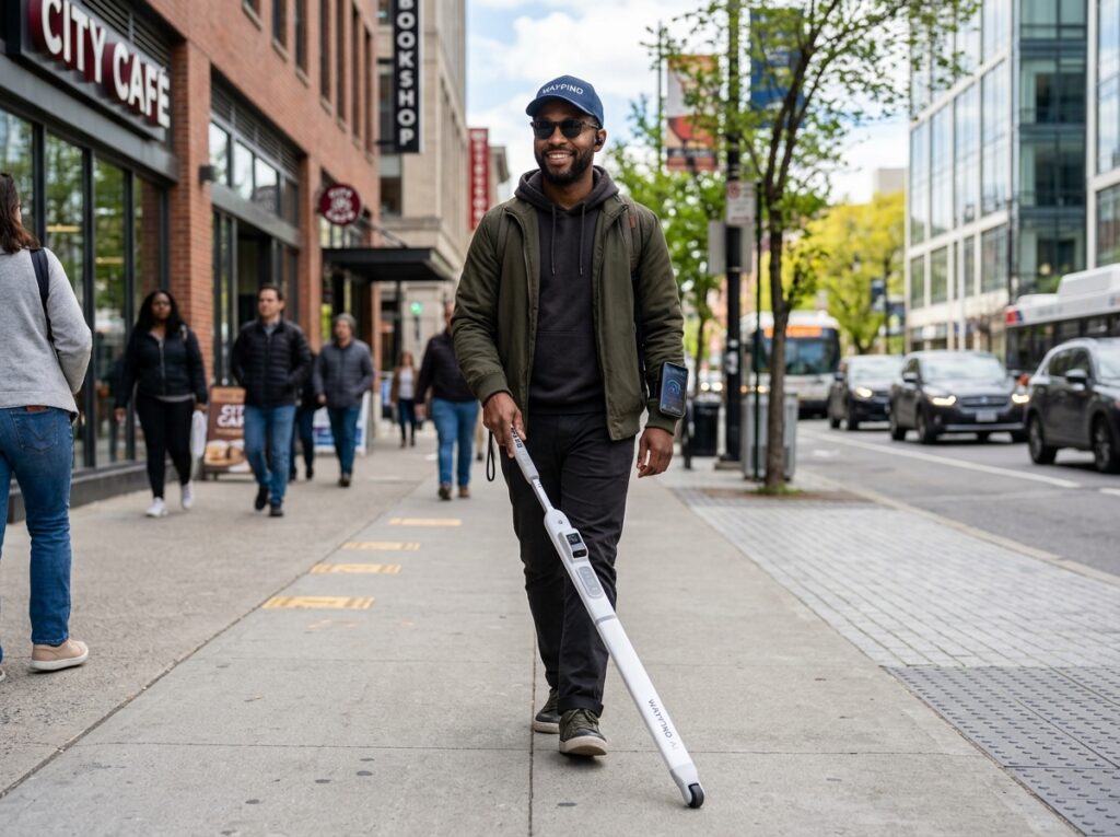 A Black man wearing a baseball cap, short well-groomed beard, and dark olive complexion, confidently navigating an outdoor sidewalk using a smart white cane equipped with sensor technology, demonstrating AI-powered navigation assistance.