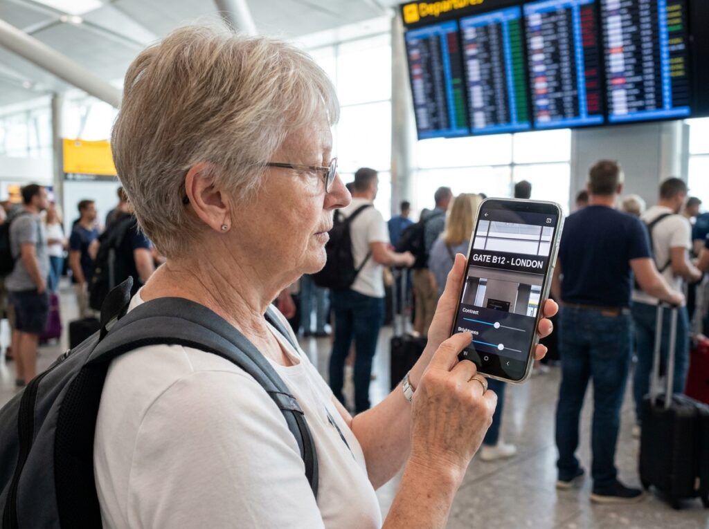 A White woman navigating a busy airport terminal, holding a smartphone with a visual enhancement app active, adjusting contrast filters to read gate signs and departure boards clearly and independently.