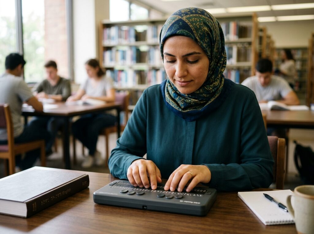A Middle Eastern person wearing a head wrap, with medium olive skin, reading a refreshable braille display device with both hands, tactile dots raised on the surface, in a focused educational setting