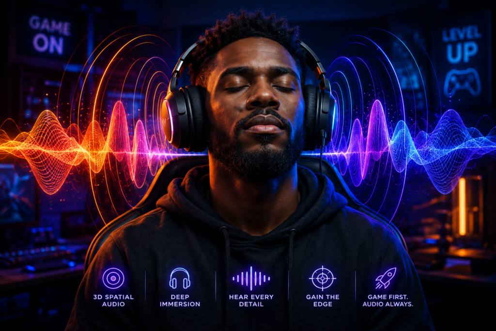 A Black man with a short, well-groomed haircut and beard, dark olive complexion, wearing gaming headphones with eyes closed in full concentration, surrounded by colorful 3D sound wave visualizations representing immersive audio-first gaming.